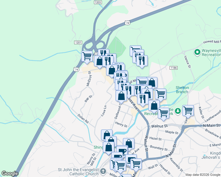 map of restaurants, bars, coffee shops, grocery stores, and more near 62 Orchard View Drive in Waynesville