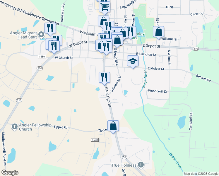 map of restaurants, bars, coffee shops, grocery stores, and more near in Angier