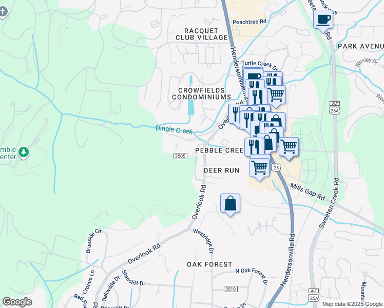 map of restaurants, bars, coffee shops, grocery stores, and more near 3 Overlook Place in Asheville