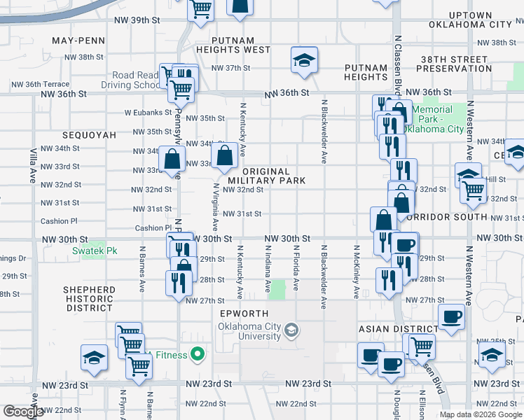 map of restaurants, bars, coffee shops, grocery stores, and more near 1733 Northwest 31st Street in Oklahoma City