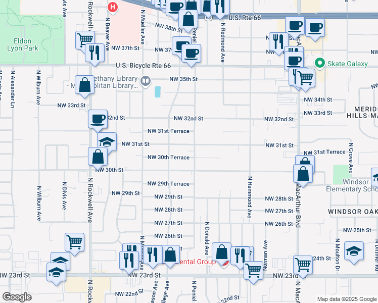 map of restaurants, bars, coffee shops, grocery stores, and more near 6602 Northwest 31st Street in Bethany