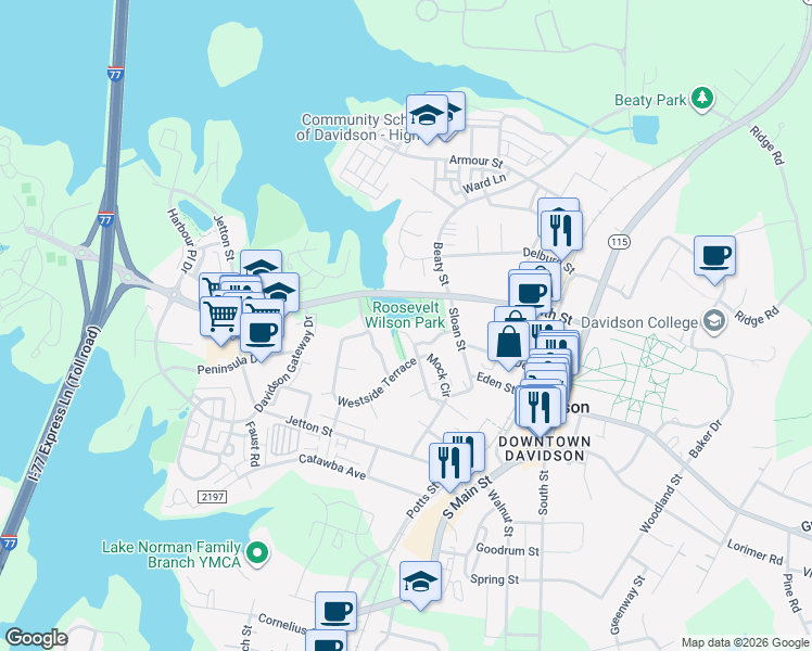 map of restaurants, bars, coffee shops, grocery stores, and more near 222 Mock Road in Davidson
