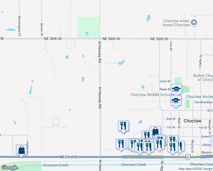 map of restaurants, bars, coffee shops, grocery stores, and more near 3076 Henney Road in Choctaw