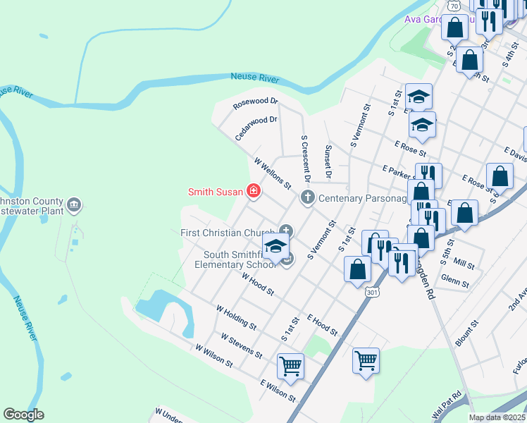 map of restaurants, bars, coffee shops, grocery stores, and more near 412 West Sanders Street in Smithfield