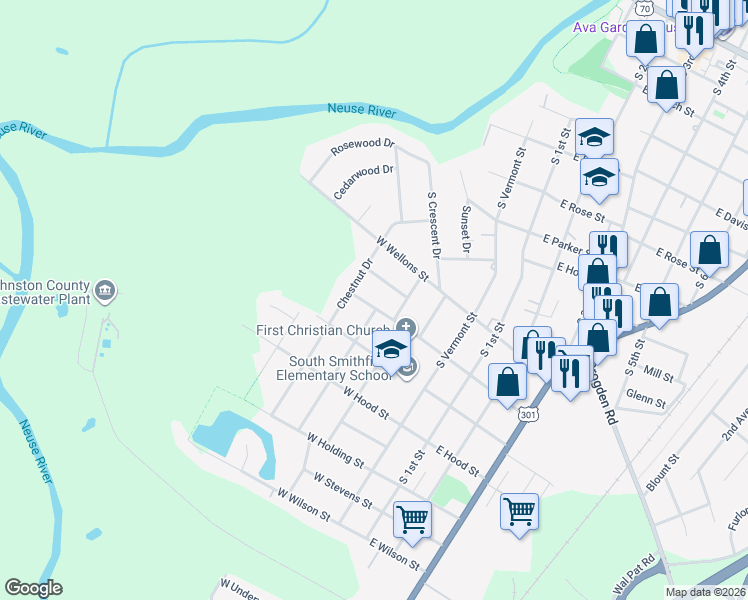 map of restaurants, bars, coffee shops, grocery stores, and more near 412 West Sanders Street in Smithfield