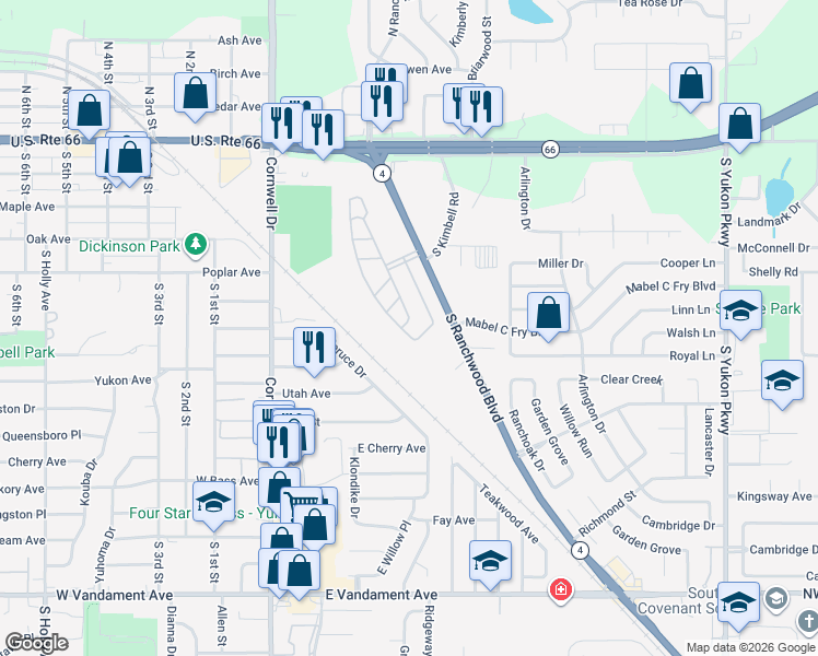 map of restaurants, bars, coffee shops, grocery stores, and more near 450 South Ranchwood Boulevard in Yukon