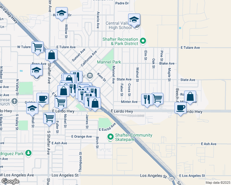 map of restaurants, bars, coffee shops, grocery stores, and more near 240 Mannel Avenue in Shafter