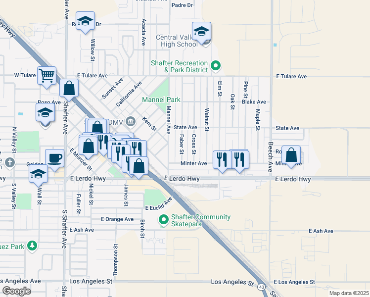 map of restaurants, bars, coffee shops, grocery stores, and more near 242 Faber Street in Shafter