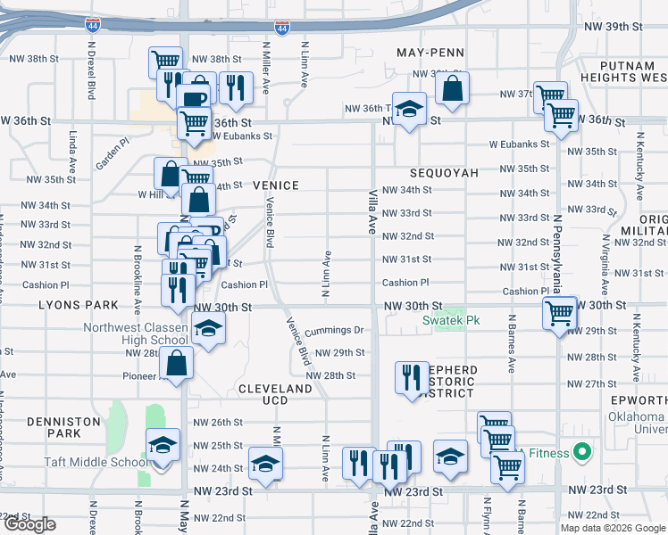 map of restaurants, bars, coffee shops, grocery stores, and more near 2540 NW 31st St in Oklahoma City