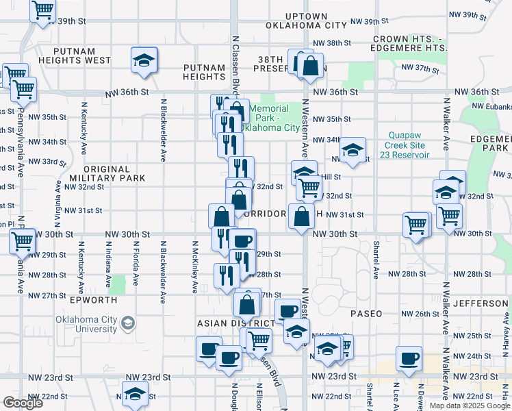 map of restaurants, bars, coffee shops, grocery stores, and more near 1217 Northwest 31st Street in Oklahoma City