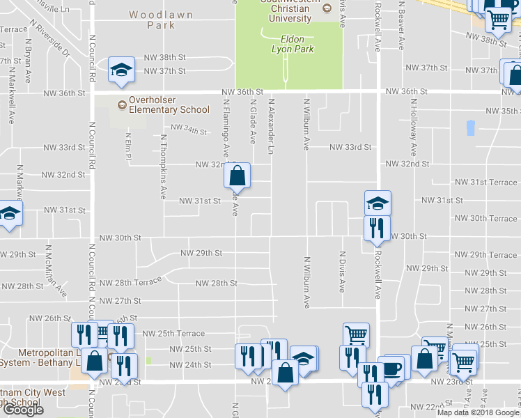 map of restaurants, bars, coffee shops, grocery stores, and more near 7409 Northwest 30th Terrace in Bethany
