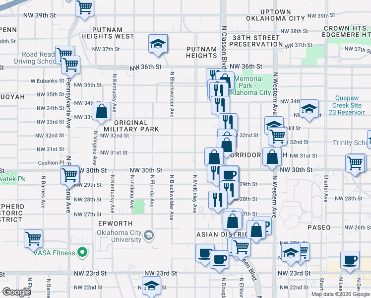 map of restaurants, bars, coffee shops, grocery stores, and more near 1517 Northwest 31st Street in Oklahoma City