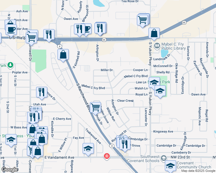 map of restaurants, bars, coffee shops, grocery stores, and more near 737 Mabel C Fry Boulevard in Yukon