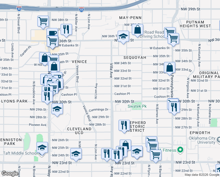 map of restaurants, bars, coffee shops, grocery stores, and more near 2504 Northwest 31st Street in Oklahoma City