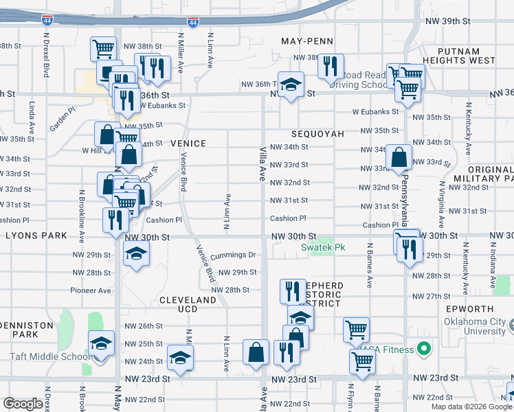 map of restaurants, bars, coffee shops, grocery stores, and more near 2504 Northwest 31st Street in Oklahoma City