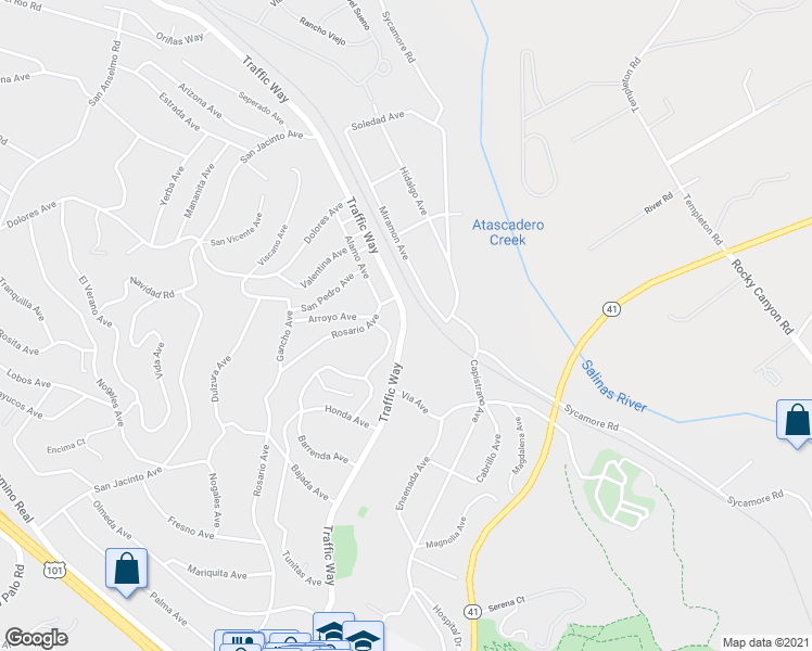 map of restaurants, bars, coffee shops, grocery stores, and more near 5145 Traffic Way in Atascadero