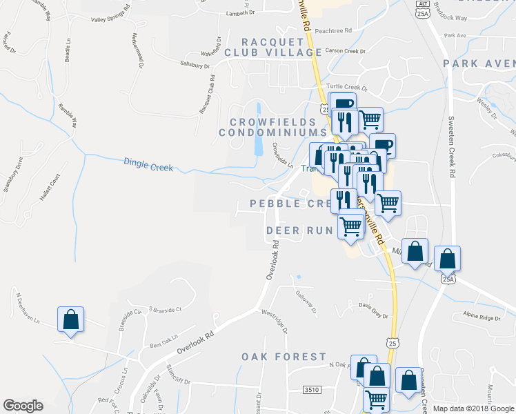 map of restaurants, bars, coffee shops, grocery stores, and more near 11 Overlook Circle in Asheville