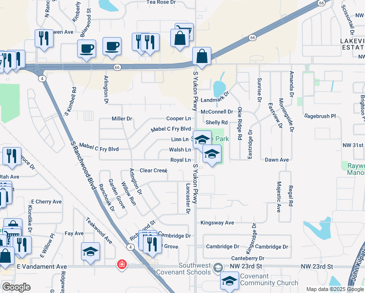 map of restaurants, bars, coffee shops, grocery stores, and more near 1013 Walsh Lane in Yukon