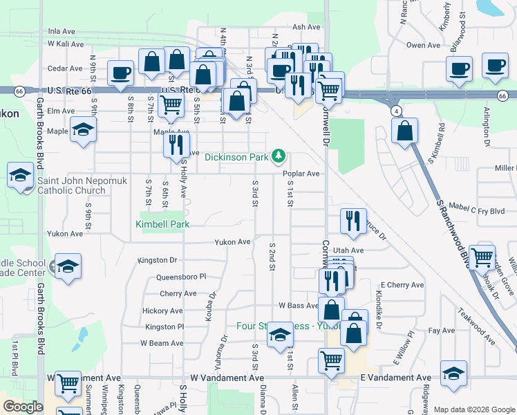 map of restaurants, bars, coffee shops, grocery stores, and more near 512 South 2nd Street in Yukon