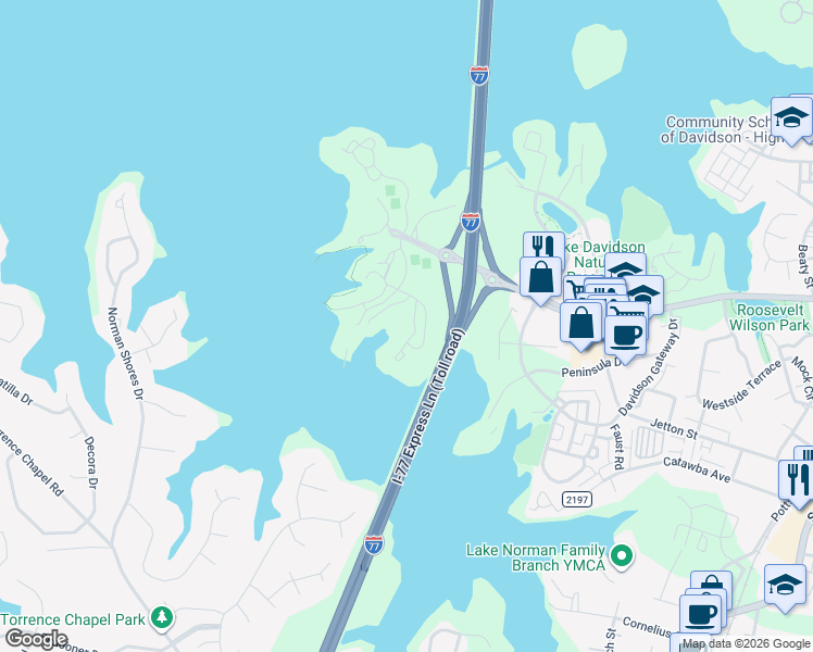 map of restaurants, bars, coffee shops, grocery stores, and more near 1064 Southwest Drive in Davidson