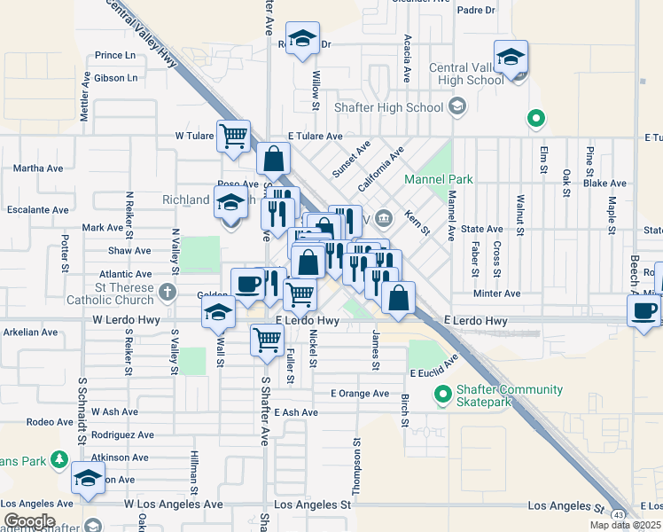 map of restaurants, bars, coffee shops, grocery stores, and more near 300 Central Avenue in Shafter