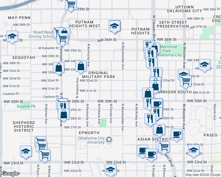 map of restaurants, bars, coffee shops, grocery stores, and more near 1701 Northwest 31st Street in Oklahoma City