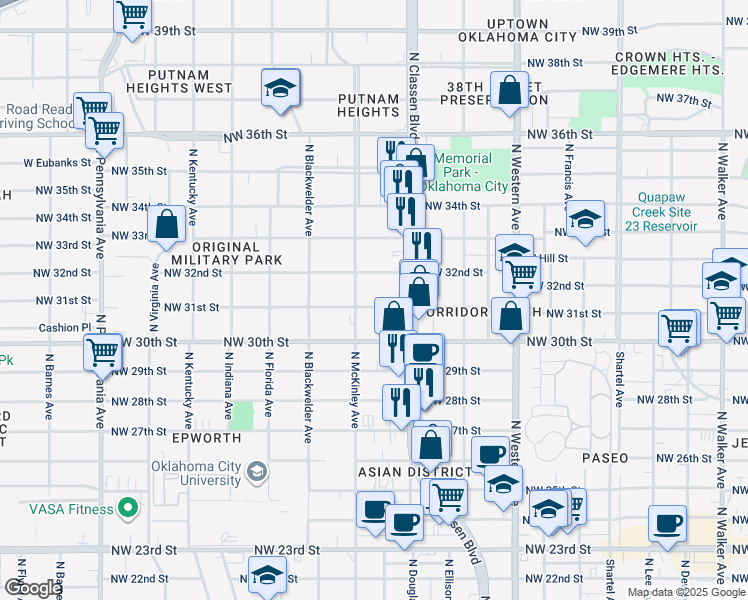 map of restaurants, bars, coffee shops, grocery stores, and more near 1437 Northwest 31st Street in Oklahoma City