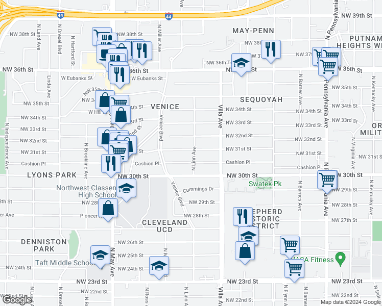 map of restaurants, bars, coffee shops, grocery stores, and more near 2600 Northwest 31st Street in Oklahoma City
