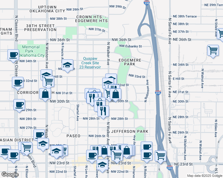 map of restaurants, bars, coffee shops, grocery stores, and more near 3200 North Walker Avenue in Oklahoma City