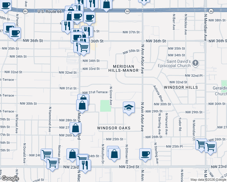 map of restaurants, bars, coffee shops, grocery stores, and more near 4981 Northwest 31st Terrace in Oklahoma City