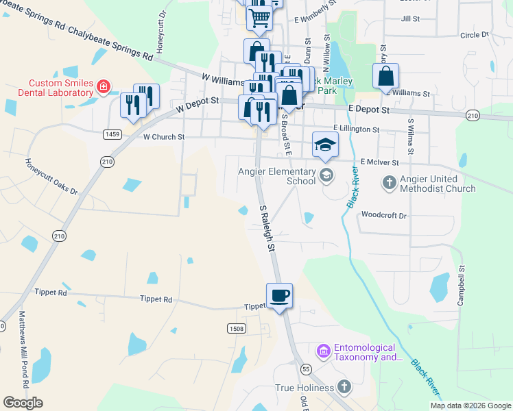 map of restaurants, bars, coffee shops, grocery stores, and more near 360 South Raleigh Street in Angier