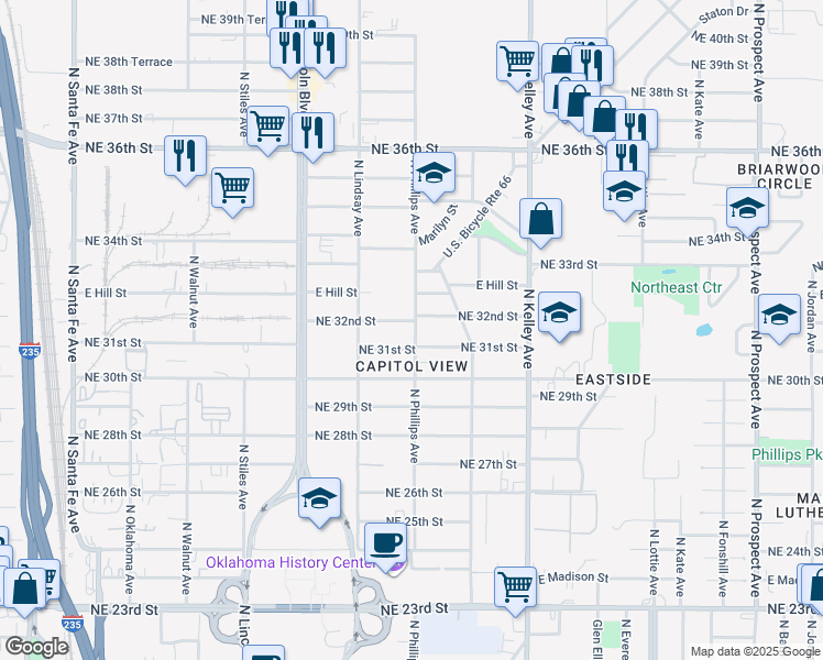 map of restaurants, bars, coffee shops, grocery stores, and more near 800 Northeast 32nd Street in Oklahoma City