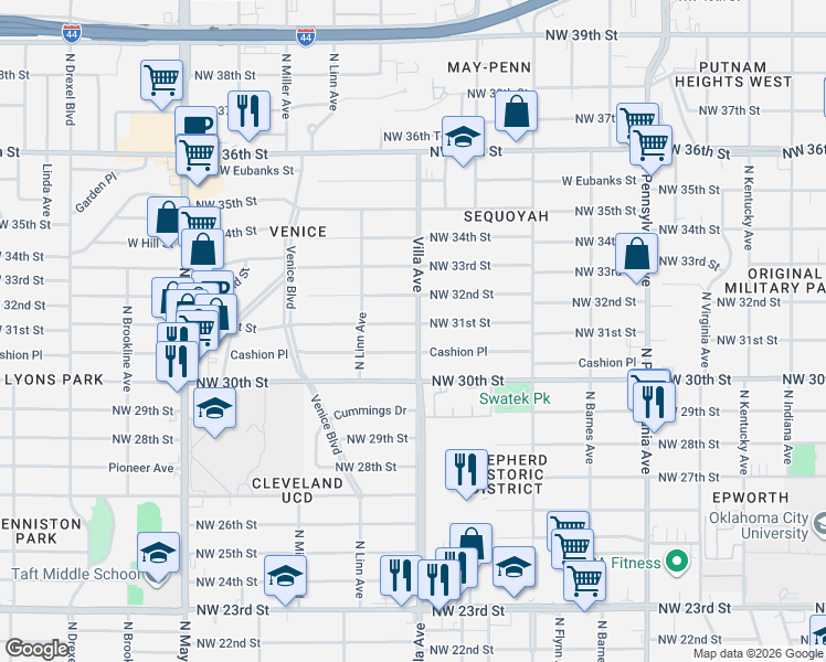 map of restaurants, bars, coffee shops, grocery stores, and more near 2504 Northwest 31st Street in Oklahoma City