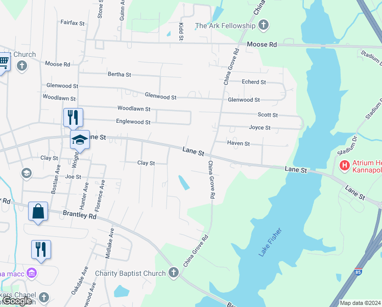 map of restaurants, bars, coffee shops, grocery stores, and more near 2416 Lane Street in Kannapolis