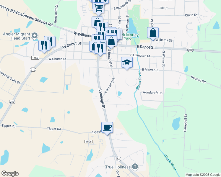 map of restaurants, bars, coffee shops, grocery stores, and more near 361 S Broad Street East in Angier