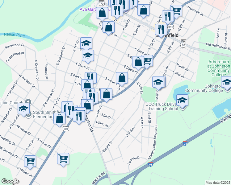 map of restaurants, bars, coffee shops, grocery stores, and more near 513 East Holt Street in Smithfield