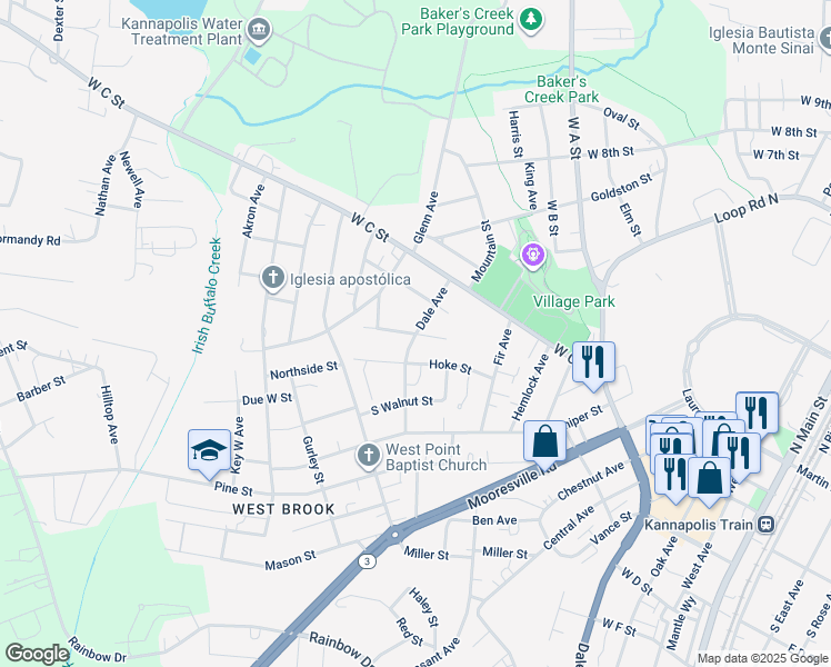 map of restaurants, bars, coffee shops, grocery stores, and more near Maywood Street in Kannapolis