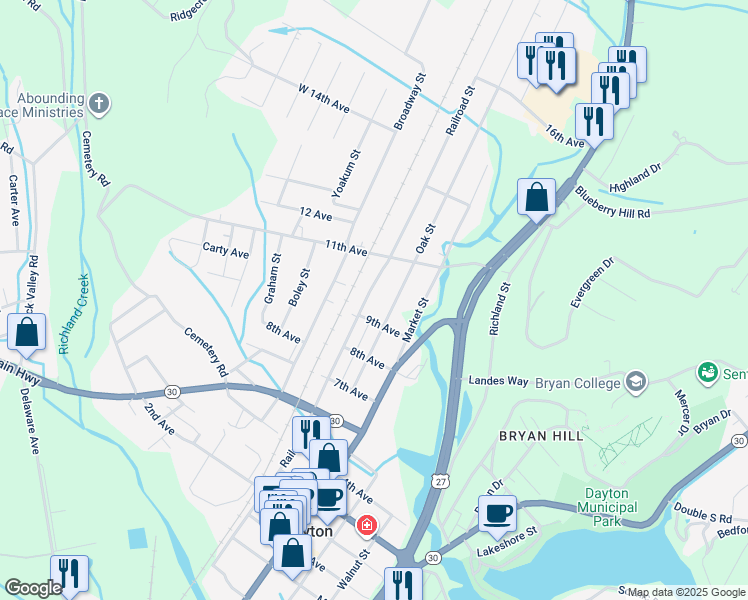 map of restaurants, bars, coffee shops, grocery stores, and more near 1846 Railroad St in Dayton