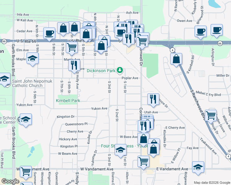 map of restaurants, bars, coffee shops, grocery stores, and more near 512 South 2nd Street in Yukon