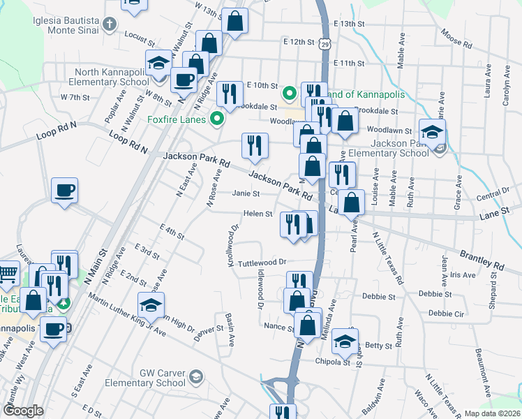 map of restaurants, bars, coffee shops, grocery stores, and more near 505 Helen Street in Kannapolis