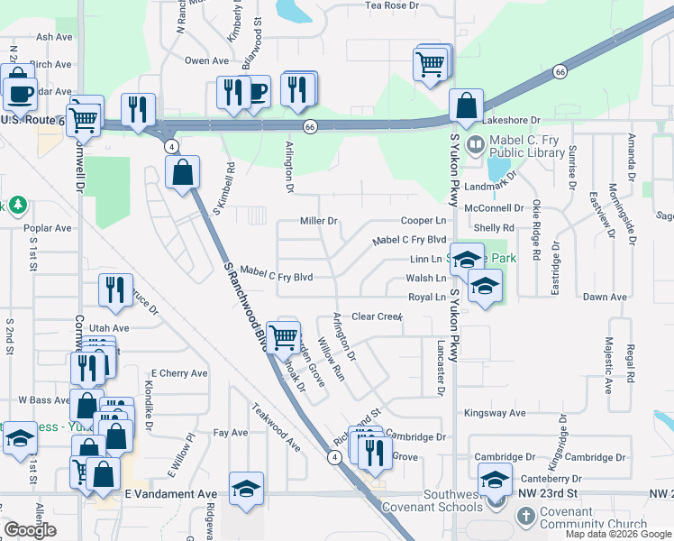 map of restaurants, bars, coffee shops, grocery stores, and more near 737 Mabel C Fry Boulevard in Yukon