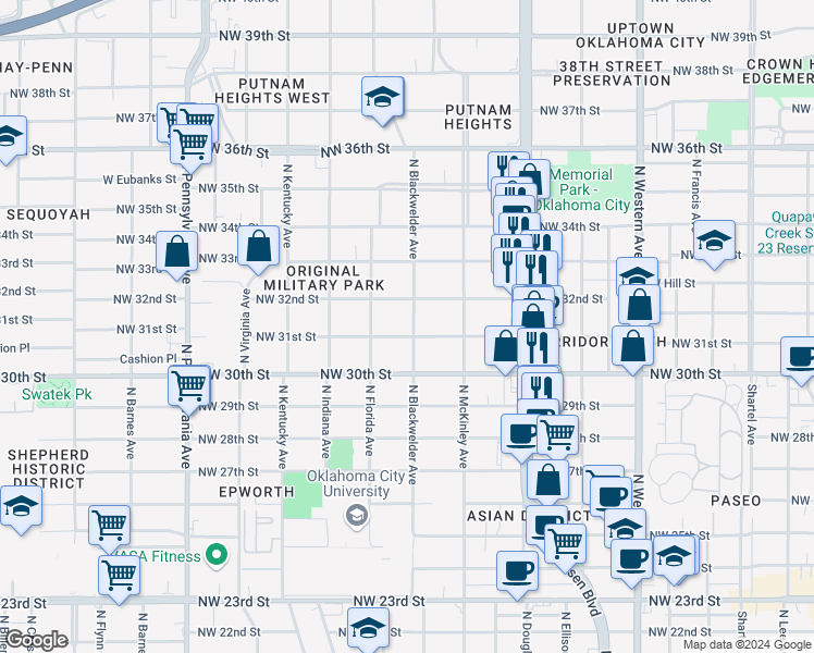 map of restaurants, bars, coffee shops, grocery stores, and more near 3205 North Blackwelder Avenue in Oklahoma City