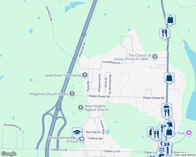 map of restaurants, bars, coffee shops, grocery stores, and more near 1331 Kingswood Street in Alma