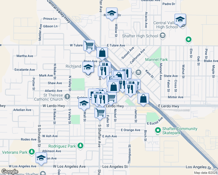 map of restaurants, bars, coffee shops, grocery stores, and more near 224 California Avenue in Shafter