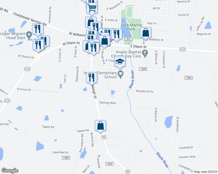 map of restaurants, bars, coffee shops, grocery stores, and more near 9 Hidden Acres Estates in Angier