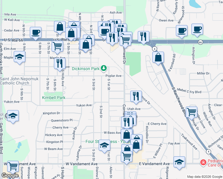 map of restaurants, bars, coffee shops, grocery stores, and more near 117 Spruce Avenue in Yukon