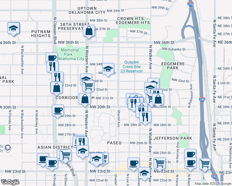 map of restaurants, bars, coffee shops, grocery stores, and more near 3213 North Shartel Avenue in Oklahoma City