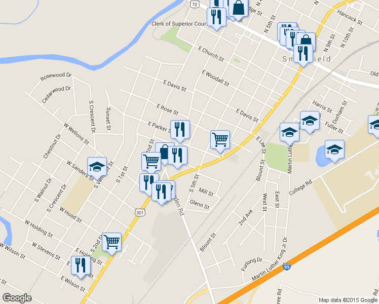 map of restaurants, bars, coffee shops, grocery stores, and more near 404 East Holt Street in Smithfield