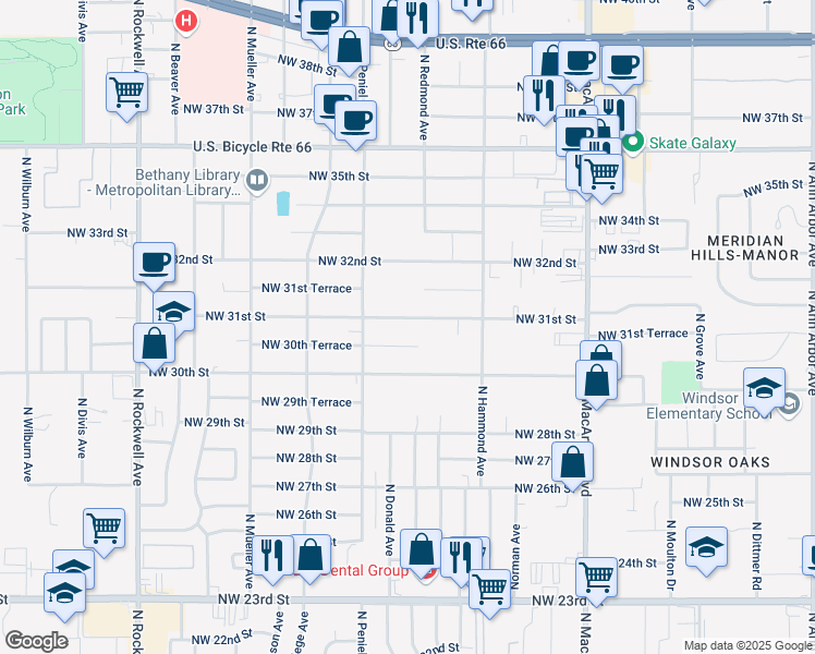 map of restaurants, bars, coffee shops, grocery stores, and more near 6404 Northwest 31st Street in Bethany
