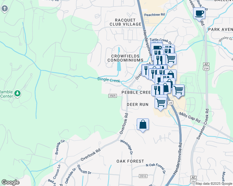 map of restaurants, bars, coffee shops, grocery stores, and more near 3 Overlook Place in Asheville